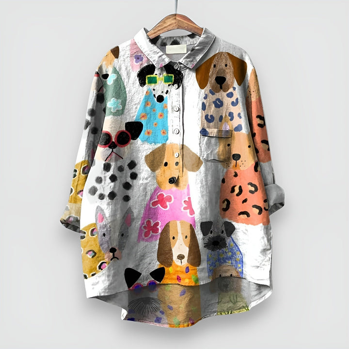 Women's Dog Print Long Sleeve Collared Button Shirt - White