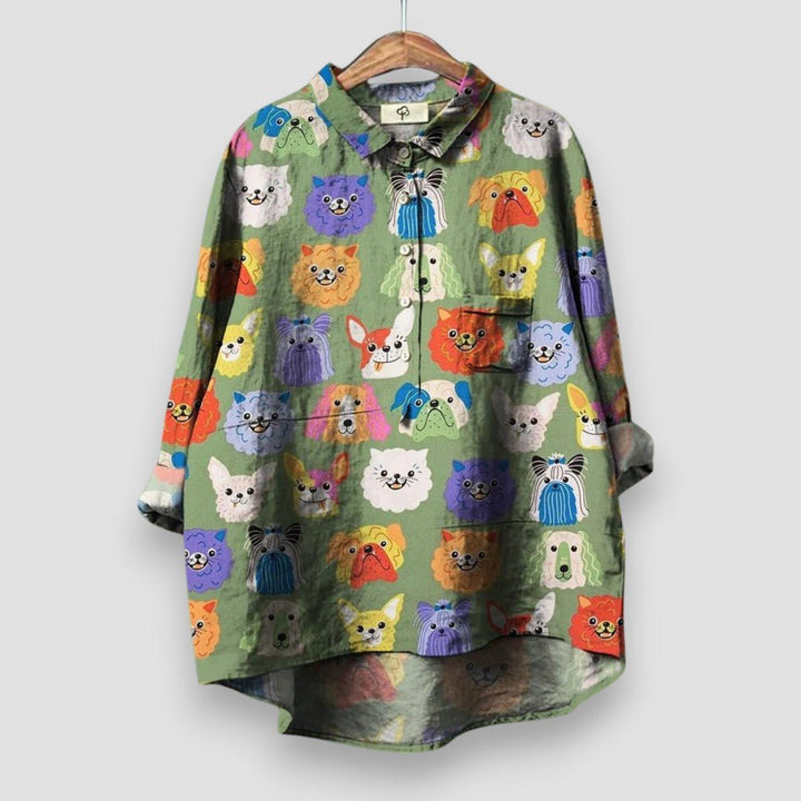 Women's Dog Print Long Sleeve Collared Button Shirt - Green