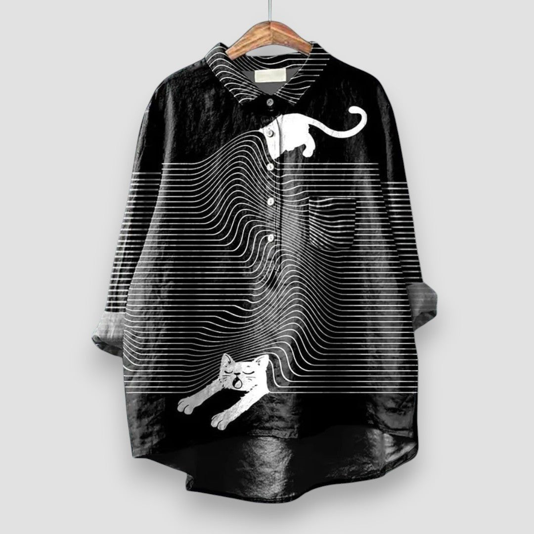 Women's Dog Print Long Sleeve Collared Button Shirt - Black