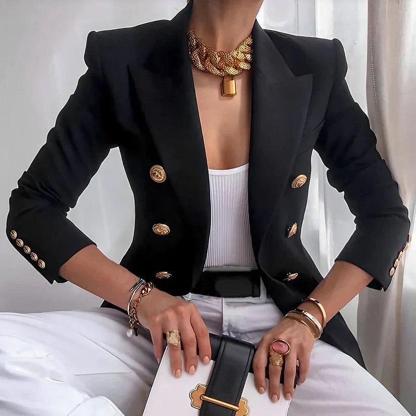 Women's Double-Breasted Structured Shoulder Gold Button Blazer - Black