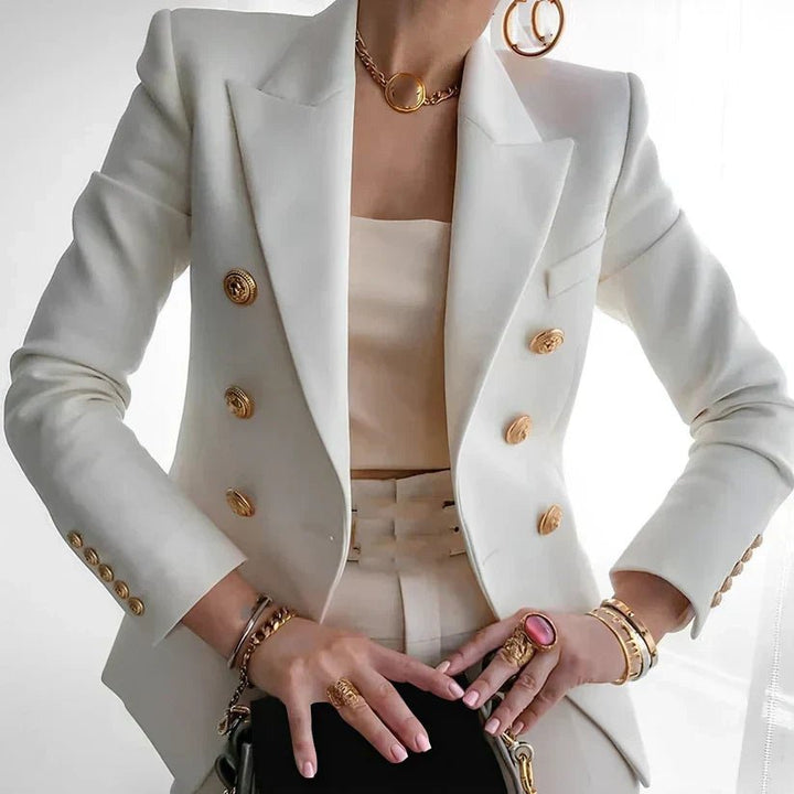 Women's Double-Breasted Structured Shoulder Gold Button Blazer - White