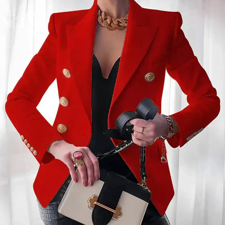 Women's Double-Breasted Structured Shoulder Gold Button Blazer - Red