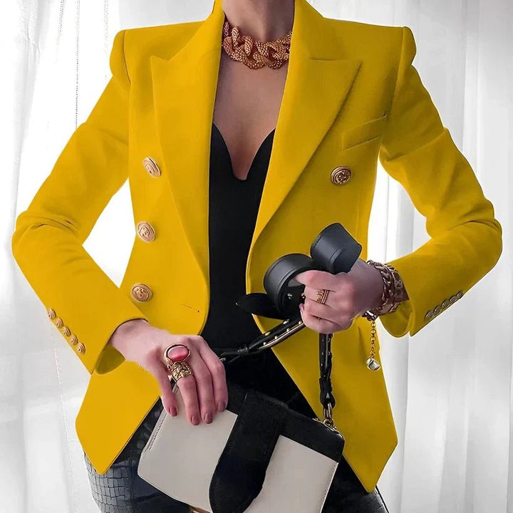 Women's Double-Breasted Structured Shoulder Gold Button Blazer - Yellow