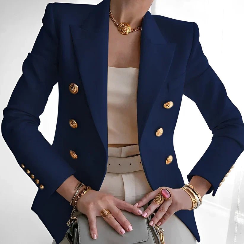 Women's Double-Breasted Structured Shoulder Gold Button Blazer - Navy Blue