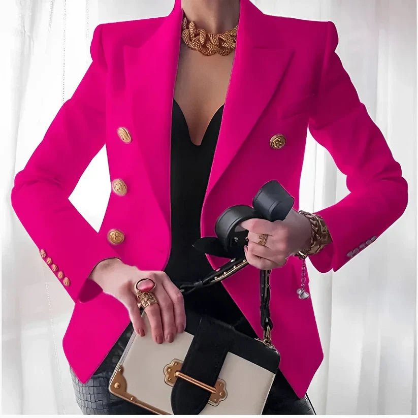 Women's Double-Breasted Structured Shoulder Gold Button Blazer - Pink