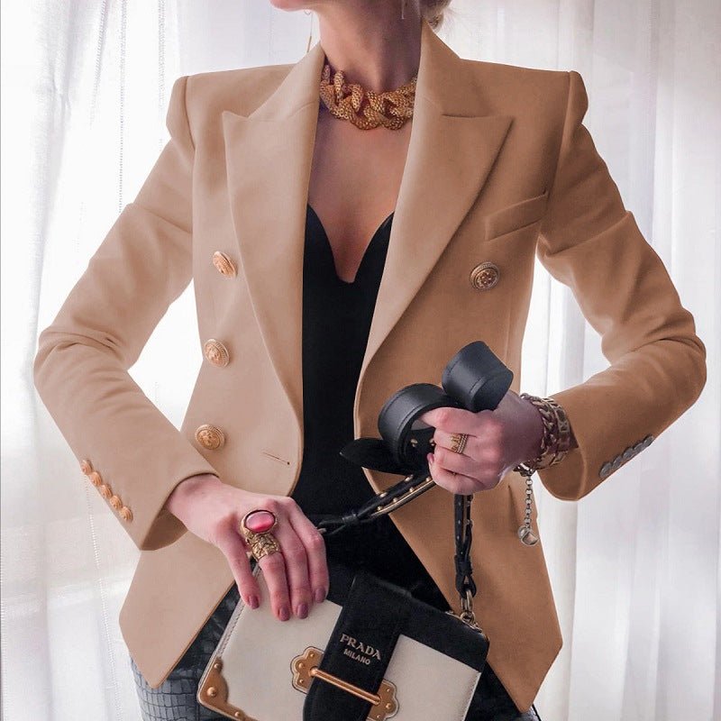 Women's Double-Breasted Structured Shoulder Gold Button Blazer - Beige