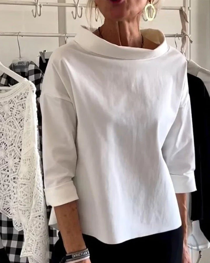 Women's Draped Cowl Neck Three-Quarter Sleeve Relaxed Top - White