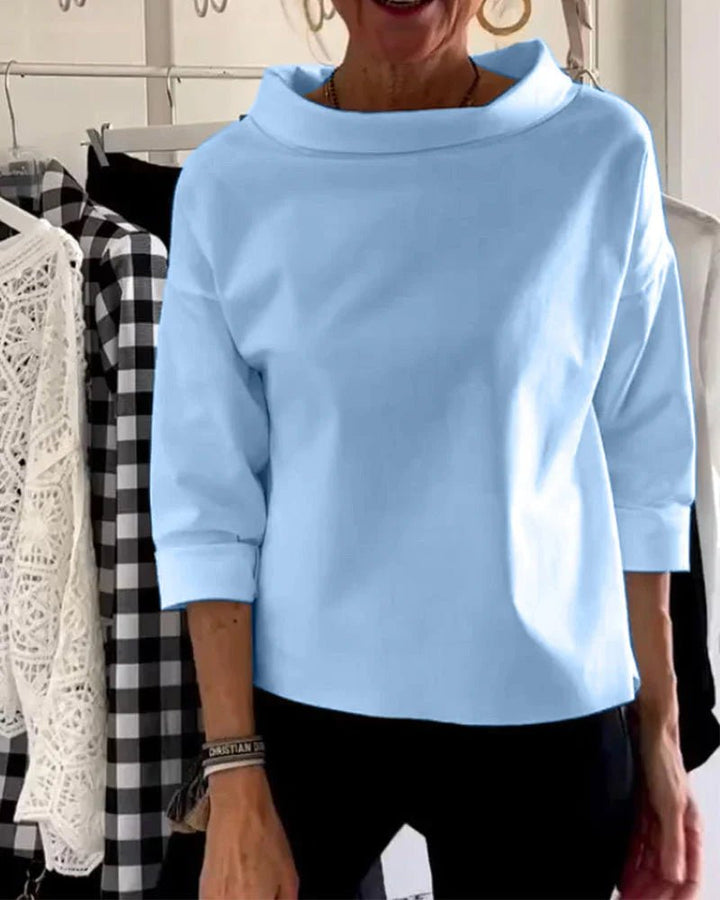 Women's Draped Cowl Neck Three-Quarter Sleeve Relaxed Top - Blue