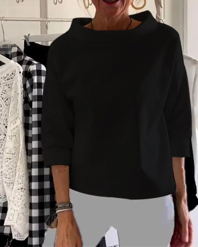 Women's Draped Cowl Neck Three-Quarter Sleeve Relaxed Top - Black