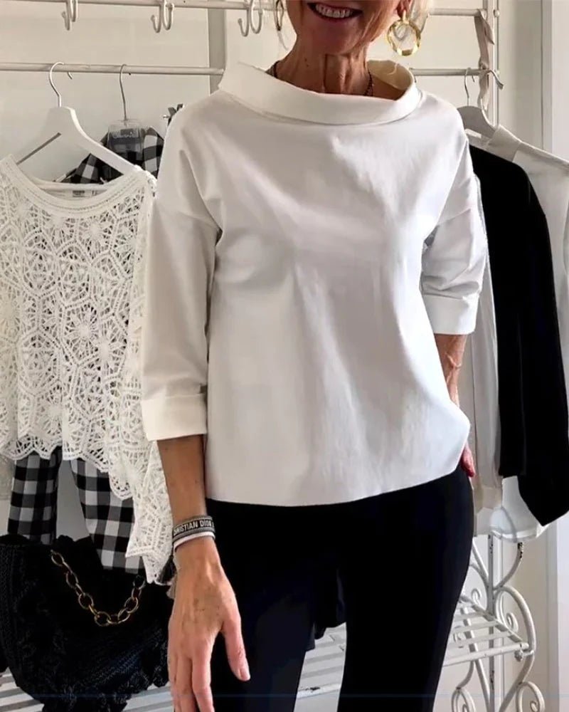 Women's Draped Cowl Neck Three-Quarter Sleeve Relaxed Top