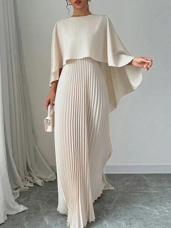 Women's Elegant Satin Cape Pleated Maxi Dress - Ivory