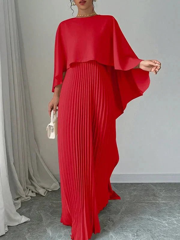 Women's Elegant Satin Cape Pleated Maxi Dress - Red