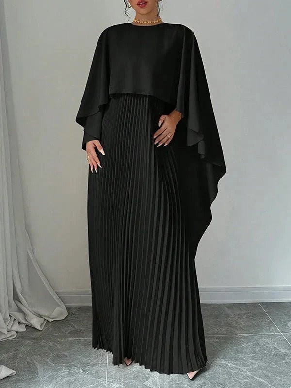 Women's Elegant Satin Cape Pleated Maxi Dress - Black