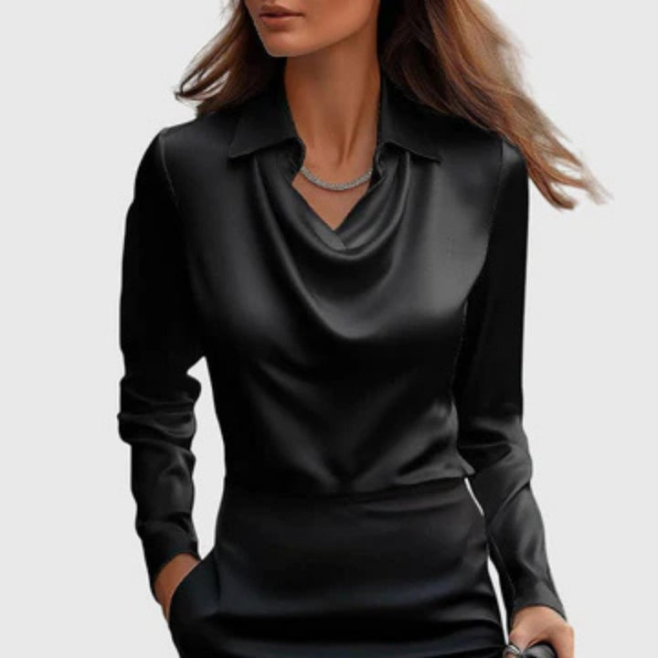 Women's Elegant Satin Cowl-Neck Collared Long-Sleeve Blouse - Black