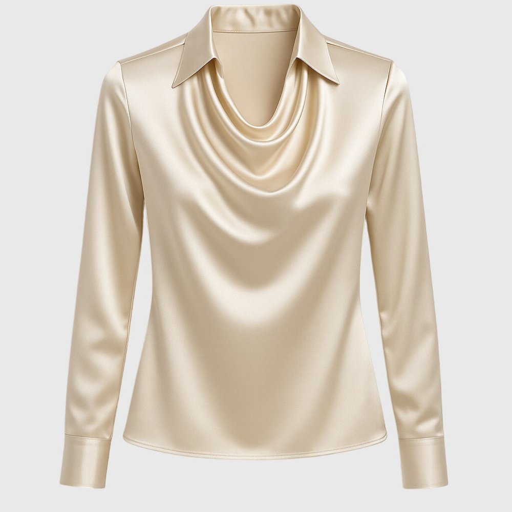Women's Elegant Satin Cowl-Neck Collared Long-Sleeve Blouse