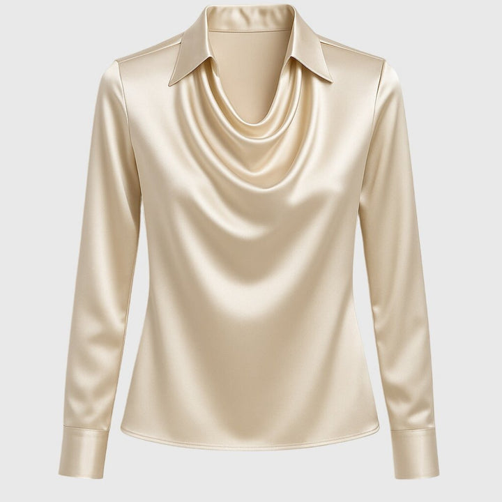 Women's Elegant Satin Cowl-Neck Collared Long-Sleeve Blouse