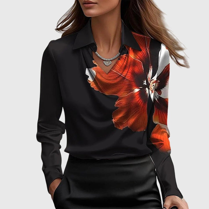 Women's Elegant Satin Cowl-Neck Collared Long-Sleeve Blouse - Black 2