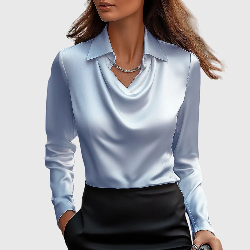 Women's Elegant Satin Cowl-Neck Collared Long-Sleeve Blouse - Light Blue