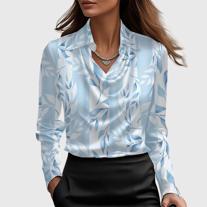 Women's Elegant Satin Cowl-Neck Collared Long-Sleeve Blouse - Light Blue 2