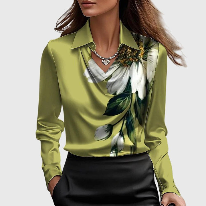Women's Elegant Satin Cowl-Neck Collared Long-Sleeve Blouse - Olive Green