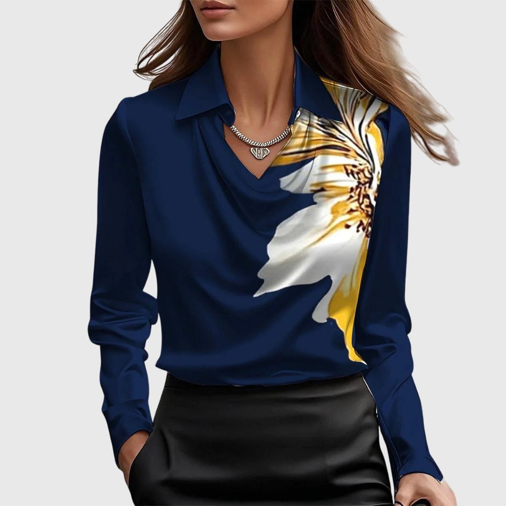 Women's Elegant Satin Cowl-Neck Collared Long-Sleeve Blouse - Navy