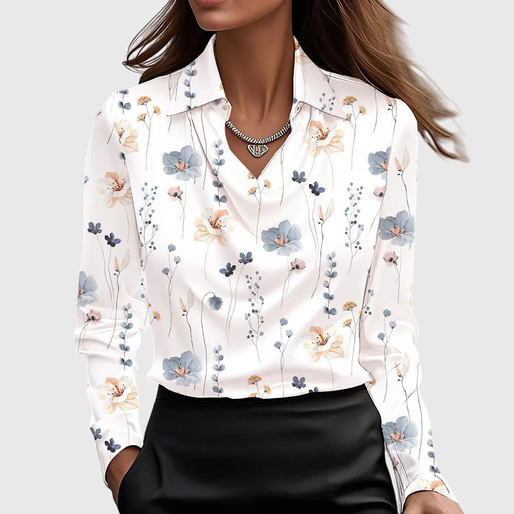 Women's Elegant Satin Cowl-Neck Collared Long-Sleeve Blouse - White