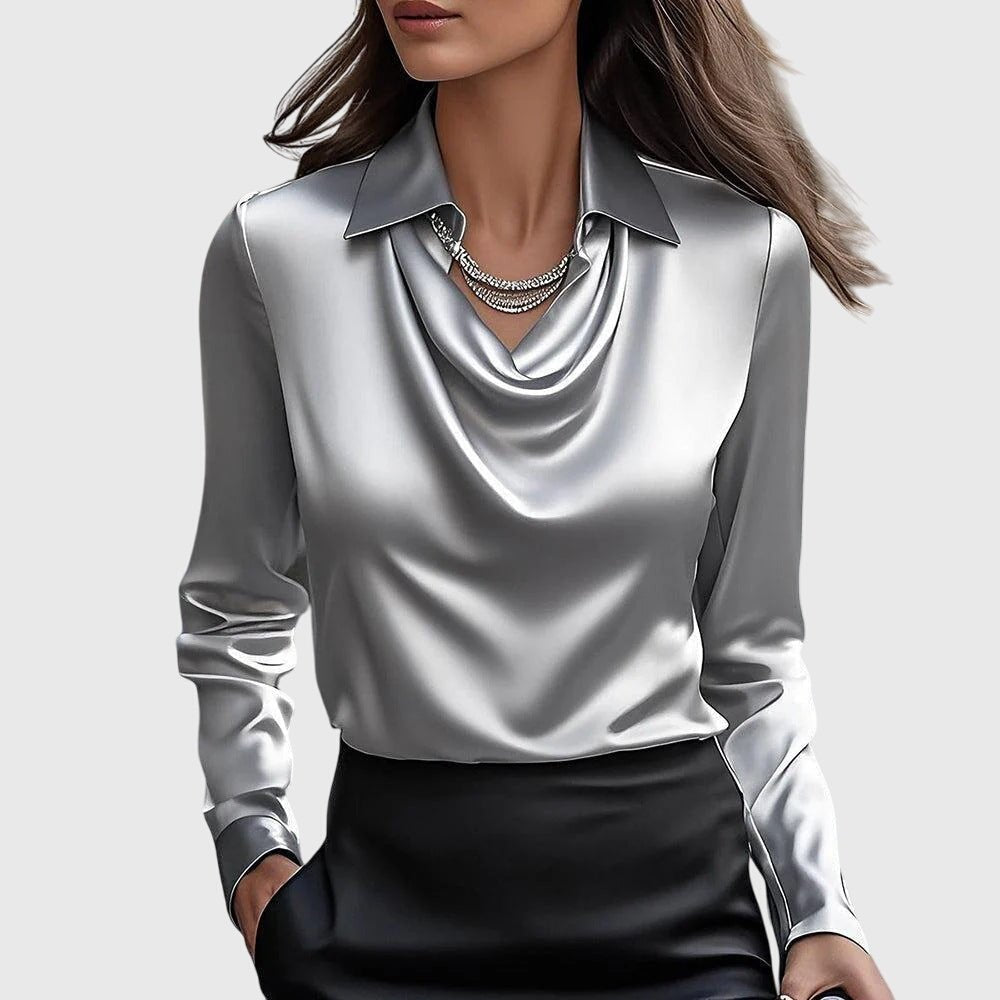 Women's Elegant Satin Cowl-Neck Collared Long-Sleeve Blouse - Silver