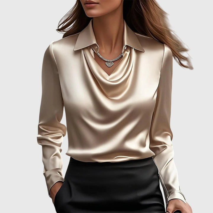 Women's Elegant Satin Cowl-Neck Collared Long-Sleeve Blouse - Champagne