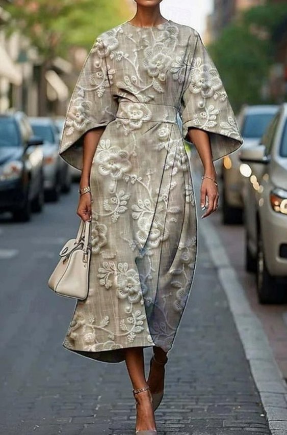 Women's Embroidered Floral Kimono-Sleeve Belted Midi Dress - Beige
