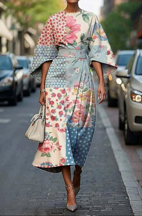 Women's Embroidered Floral Kimono-Sleeve Belted Midi Dress - Light Blue