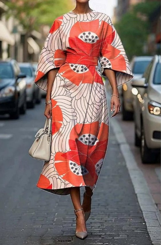 Women's Embroidered Floral Kimono-Sleeve Belted Midi Dress - Orange