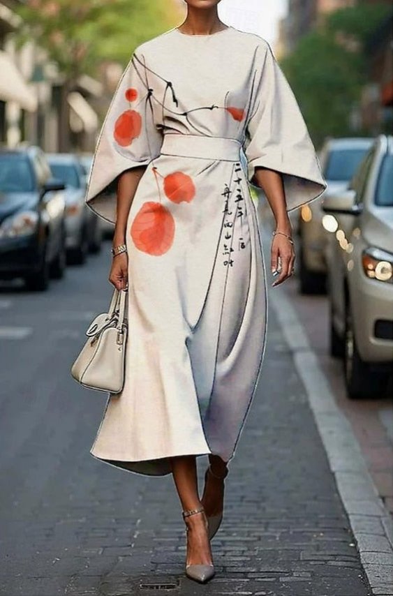 Women's Embroidered Floral Kimono-Sleeve Belted Midi Dress - Off White