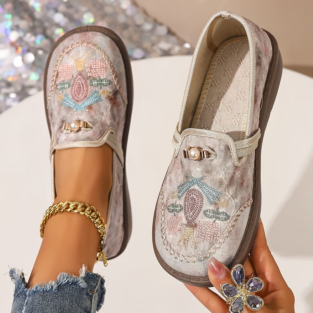 Women's Embroidered Floral Pearl-Detail Slip-On Loafers - Beige