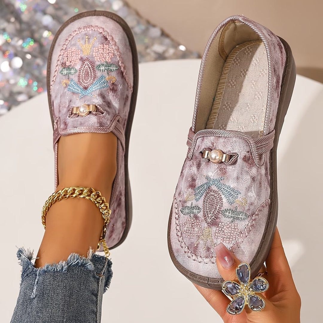Women's Embroidered Floral Pearl-Detail Slip-On Loafers - Pink