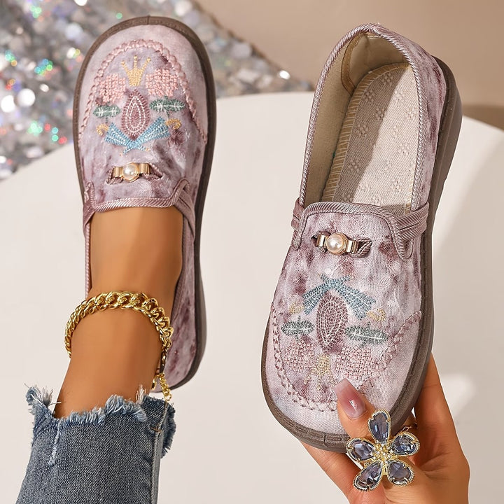 Women's Embroidered Floral Pearl-Detail Slip-On Loafers - Pink
