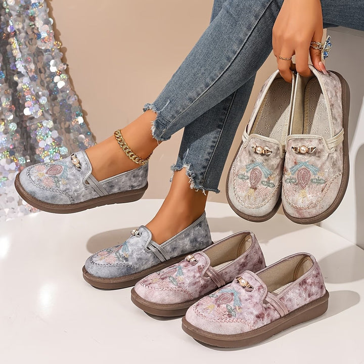Women's Embroidered Floral Pearl-Detail Slip-On Loafers