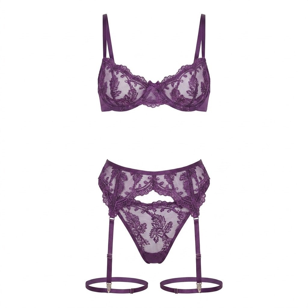 Women's Embroidered Lace Three-Piece Lingerie Set - Purple