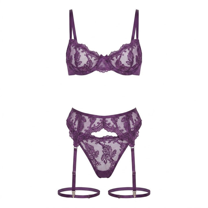 Women's Embroidered Lace Three-Piece Lingerie Set - Purple