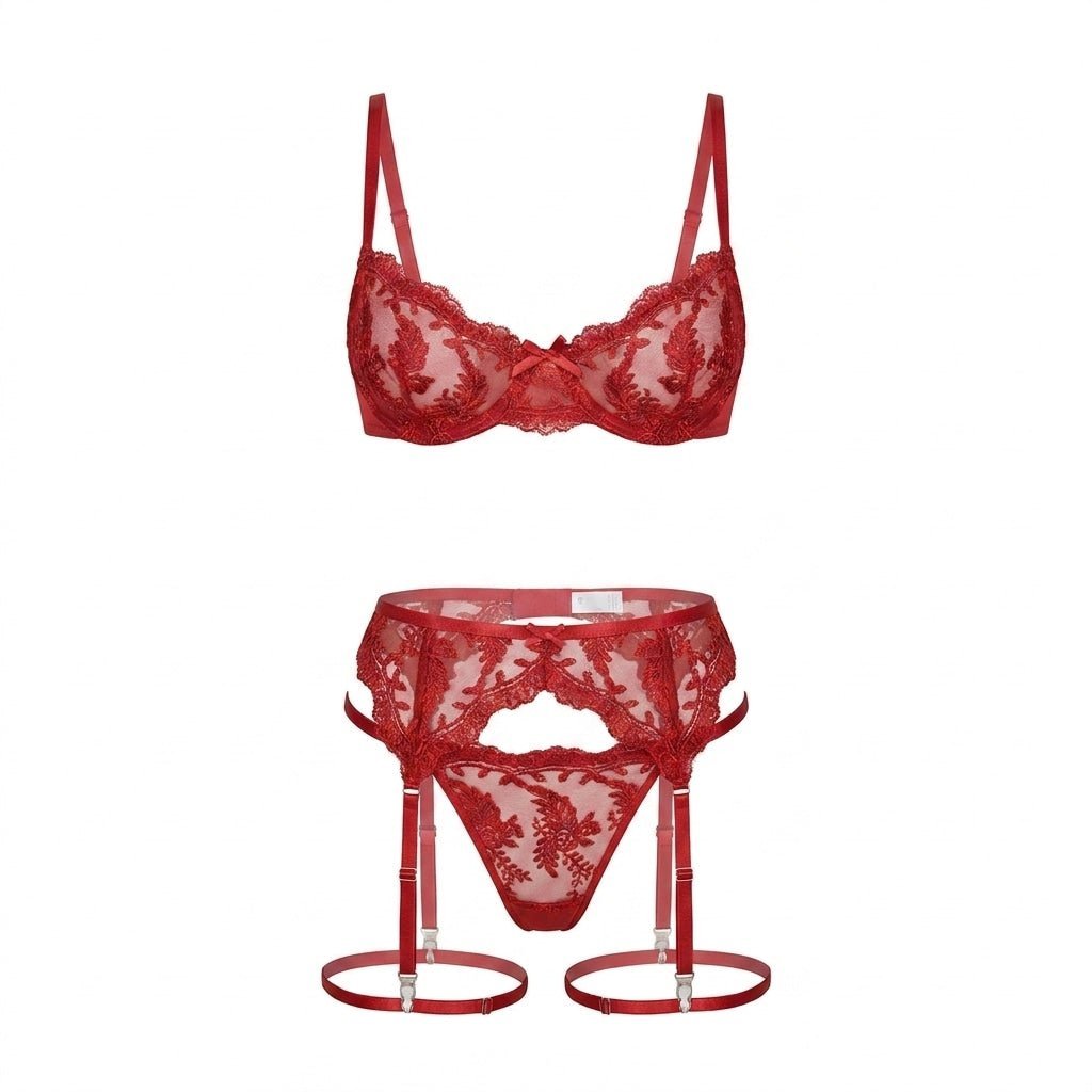 Women's Embroidered Lace Three-Piece Lingerie Set - Red