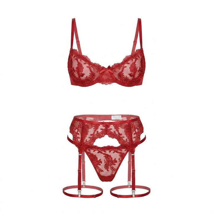 Women's Embroidered Lace Three-Piece Lingerie Set - Red