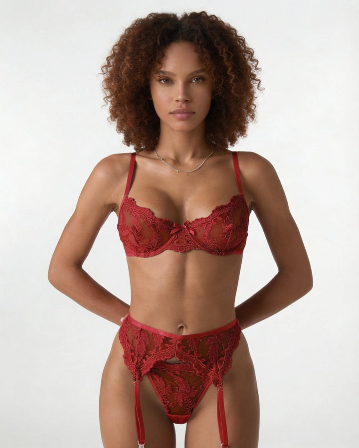 Women's Embroidered Lace Three-Piece Lingerie Set