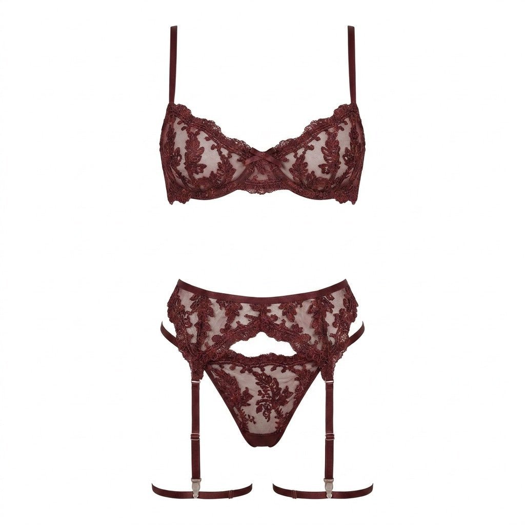 Women's Embroidered Lace Three-Piece Lingerie Set - Wine