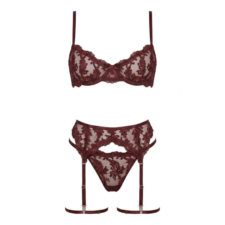 Women's Embroidered Lace Three-Piece Lingerie Set - Wine