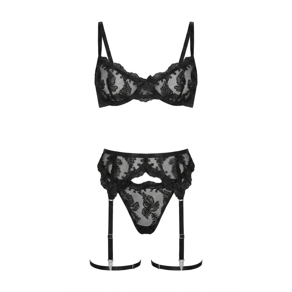 Women's Embroidered Lace Three-Piece Lingerie Set - Black
