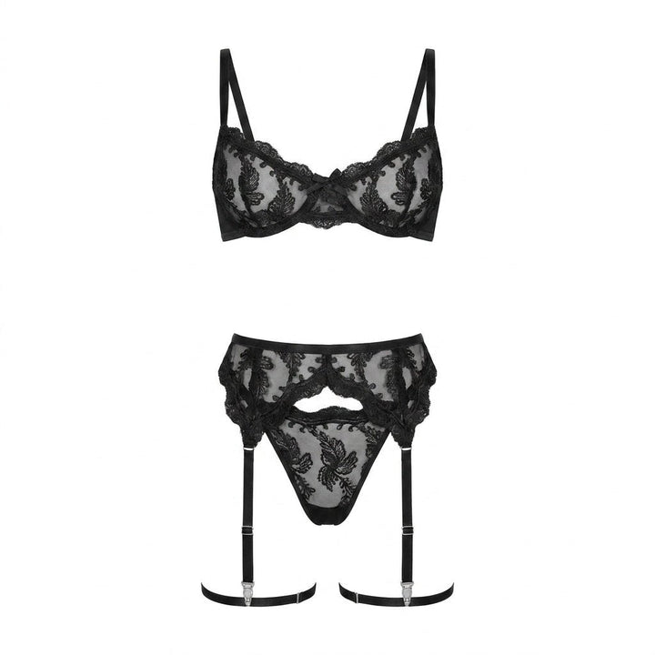Women's Embroidered Lace Three-Piece Lingerie Set - Black