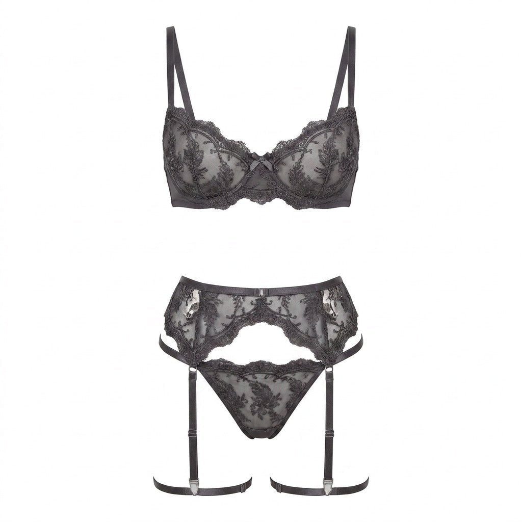 Women's Embroidered Lace Three-Piece Lingerie Set - Grey