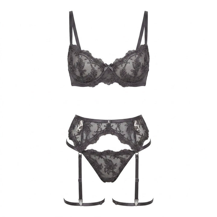 Women's Embroidered Lace Three-Piece Lingerie Set - Grey