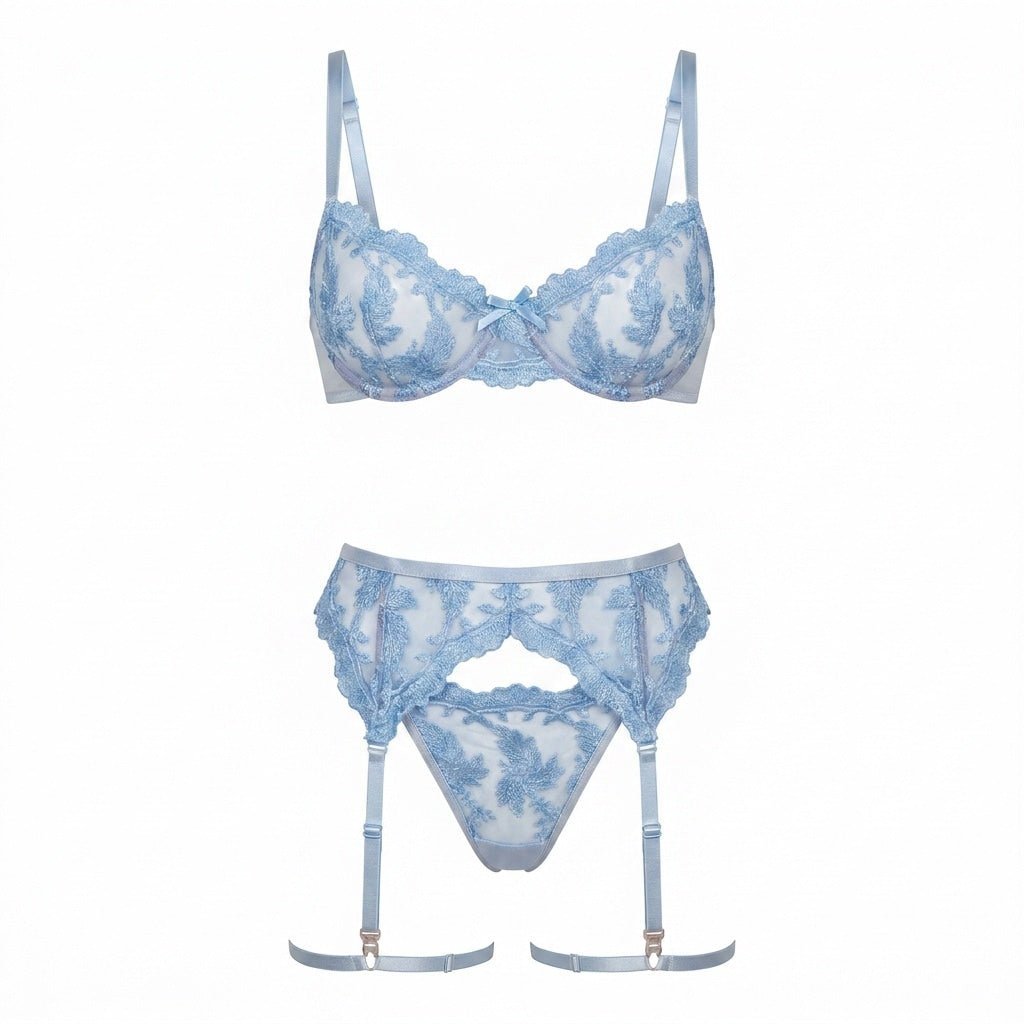 Women's Embroidered Lace Three-Piece Lingerie Set - Baby Blue