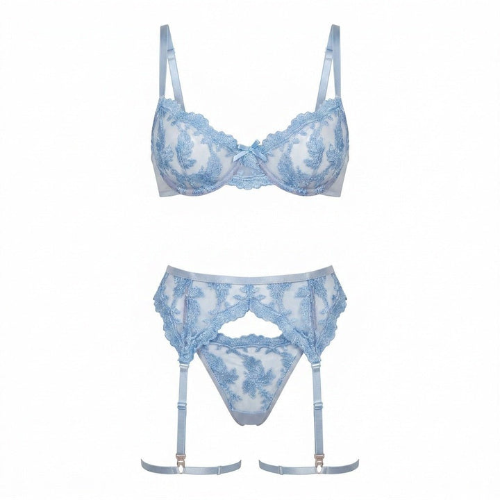 Women's Embroidered Lace Three-Piece Lingerie Set - Baby Blue