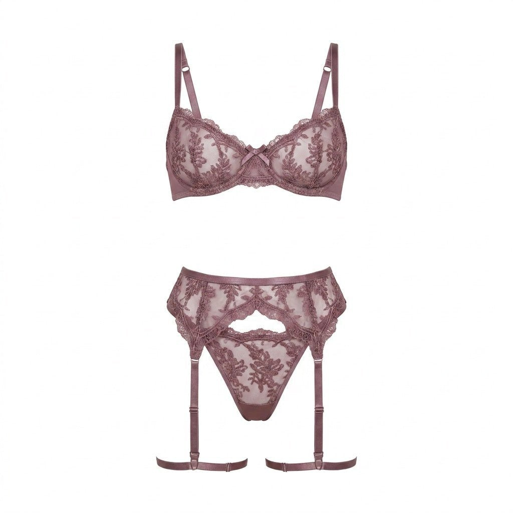 Women's Embroidered Lace Three-Piece Lingerie Set - Dusty Mauve